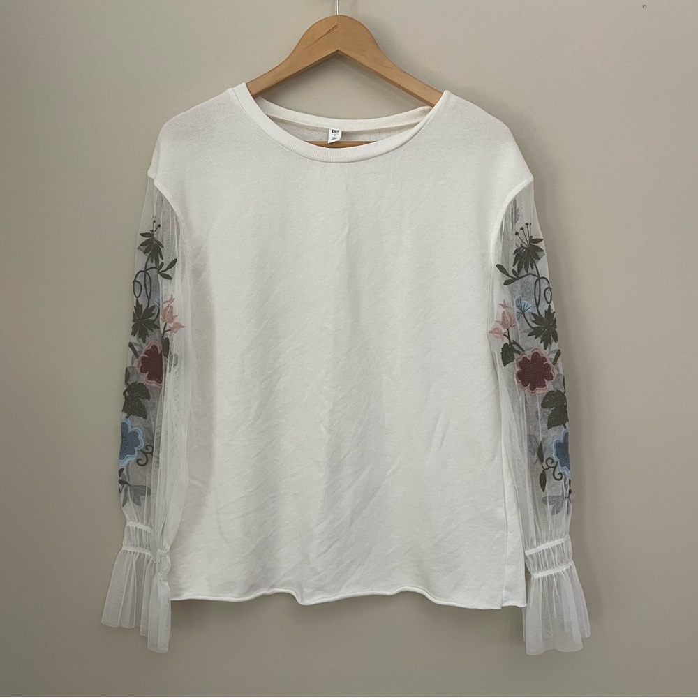 NORDSTROM BP Sweater Top Sheer Mesh Floral Embroidered Sleeves Womens Small